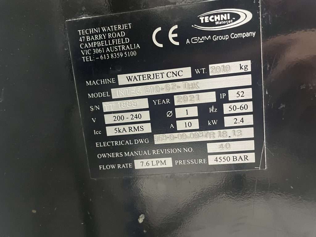 Hệ thống cắt nước Techni Intec-G2 i510 năm 2018 – Máy cắt CNC 5 trục PAC60 + Bơm Quantum ESP 66.000 PSI – Đã qua sử dụng – Thái Lan